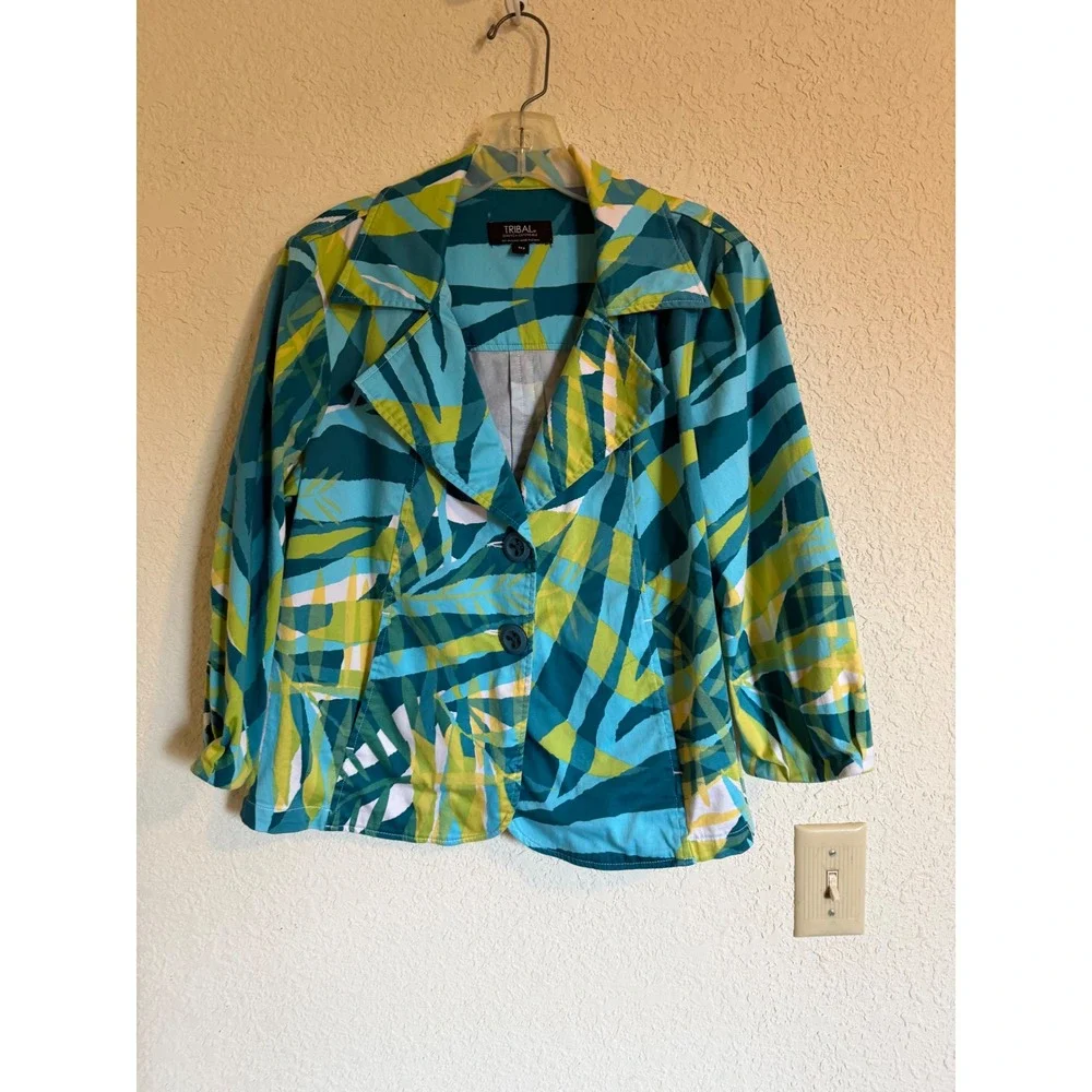 Tribal Women Teal Green Tropical Palm Print Stretch Cotton Blazer Jacket Size 10